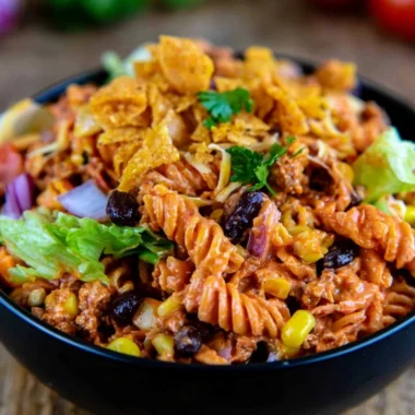 Colorful and tasty Taco Pasta Salad served in a bowl with fresh ingredients