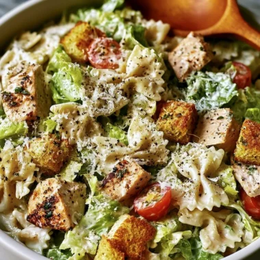 Cozy Chicken Caesar Pasta Salad with grilled chicken, romaine, and Caesar dressing