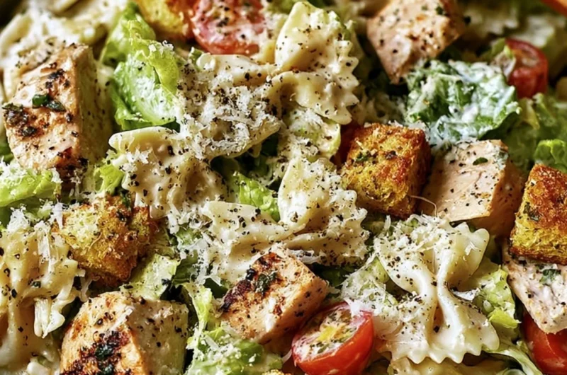 Cozy Chicken Caesar Pasta Salad with grilled chicken, romaine, and Caesar dressing