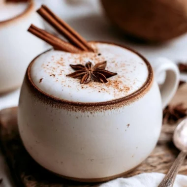 Cozy coconut chai in a cup with spices and coconut garnish