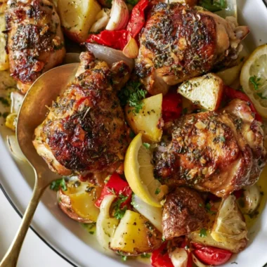 Delicious cozy Greek chicken served with roasted potatoes