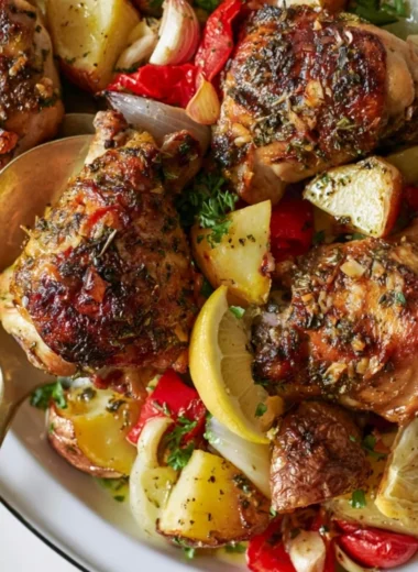 Delicious cozy Greek chicken served with roasted potatoes