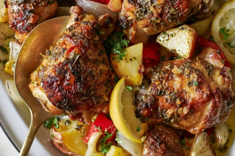 Delicious cozy Greek chicken served with roasted potatoes