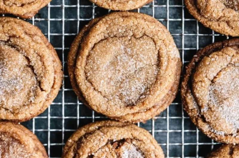 Freshly baked molasses cookies on a rustic wooden table