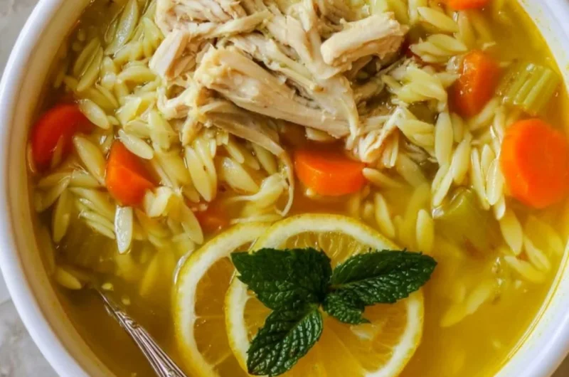 Delicious Chicken Lemon Orzo Soup with fresh herbs and lemon slices