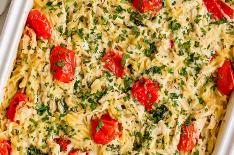 Delicious Chicken Orzo Bake ready to serve, featuring tender chicken and orzo pasta.