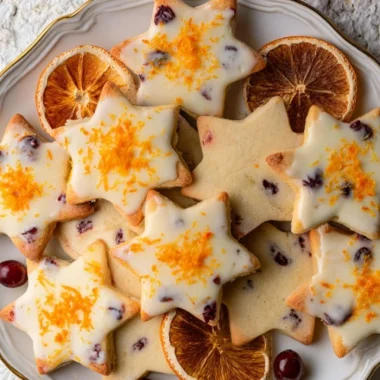 Delicious Cranberry Orange Shortbread Cookies on a rustic wooden plate