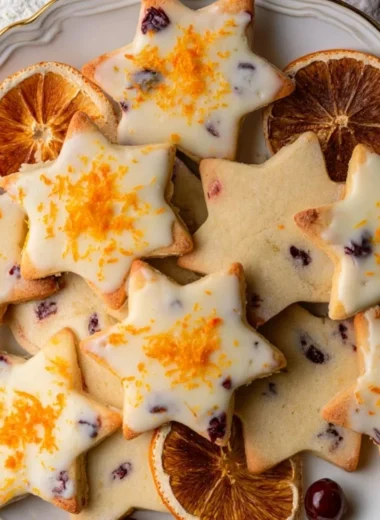 Delicious Cranberry Orange Shortbread Cookies on a rustic wooden plate