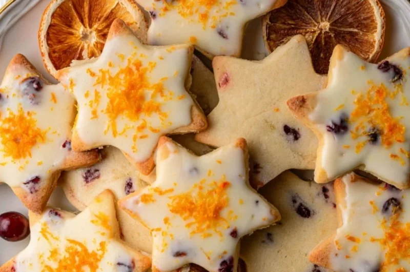 Delicious Cranberry Orange Shortbread Cookies on a rustic wooden plate