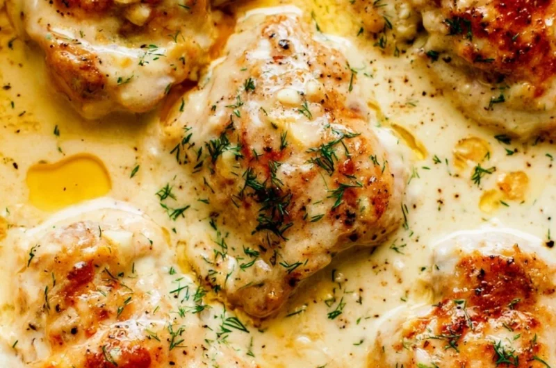 Creamy oven baked chicken thighs served with herbs and spices