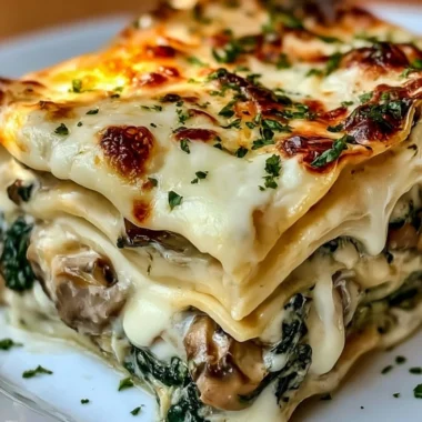 Creamy spinach mushroom lasagna served on a plate with fresh herbs.