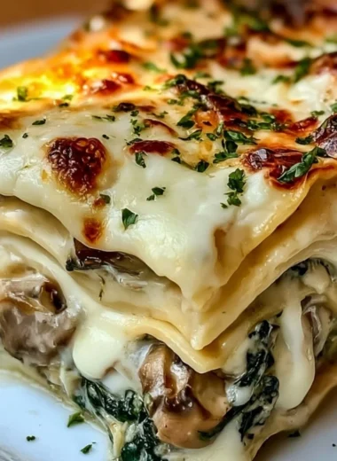 Creamy spinach mushroom lasagna served on a plate with fresh herbs.