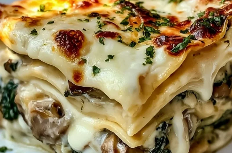 Creamy spinach mushroom lasagna served on a plate with fresh herbs.
