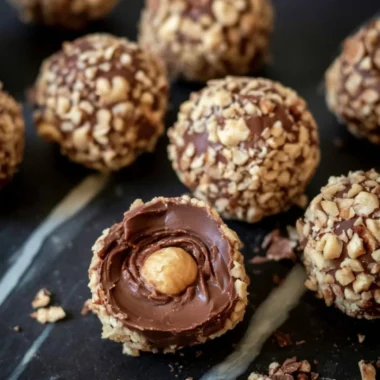No bake chocolate hazelnut truffles on a decorative plate