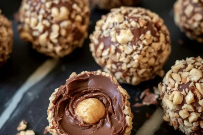 No bake chocolate hazelnut truffles on a decorative plate