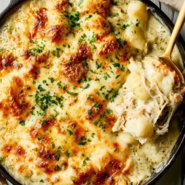 Baked Pesto Chicken Gnocchi with melted cheese and fresh herbs.