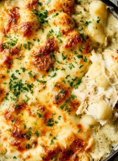 Baked Pesto Chicken Gnocchi with melted cheese and fresh herbs.