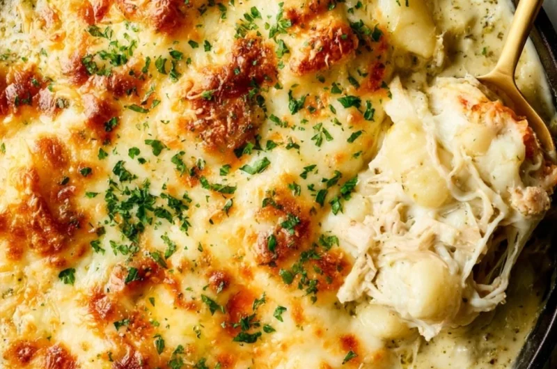 Baked Pesto Chicken Gnocchi with melted cheese and fresh herbs.