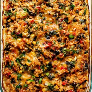 Delicious protein-packed burrito bake topped with fresh ingredients