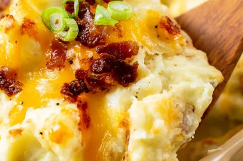 Delicious twice baked potato casserole topped with cheese and chives.