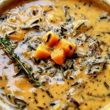 Bowl of cozy one-pot wild rice soup garnished with fresh herbs.