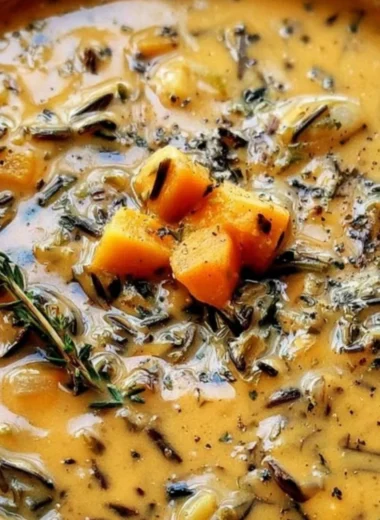 Bowl of cozy one-pot wild rice soup garnished with fresh herbs.