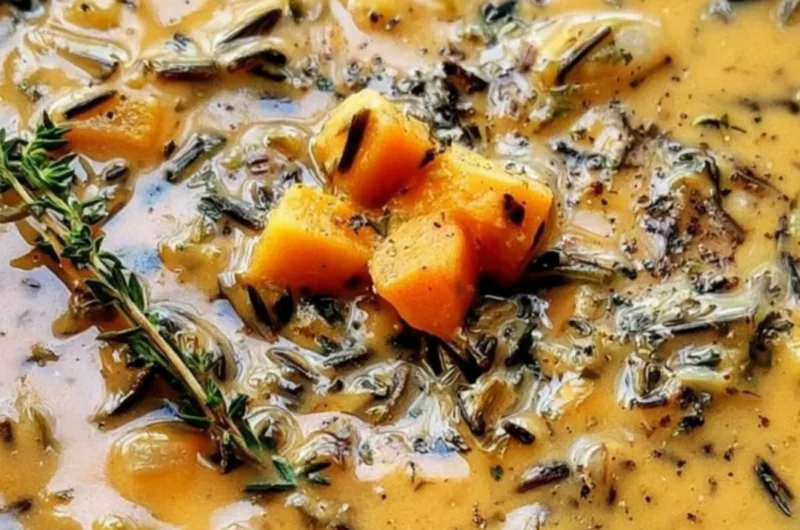 Bowl of cozy one-pot wild rice soup garnished with fresh herbs.