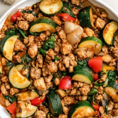 Whole30 Turkey Taco Skillet with ground turkey and zucchini in a skillet