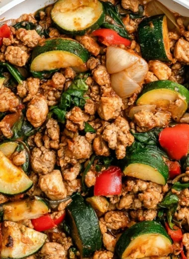 Whole30 Turkey Taco Skillet with ground turkey and zucchini in a skillet