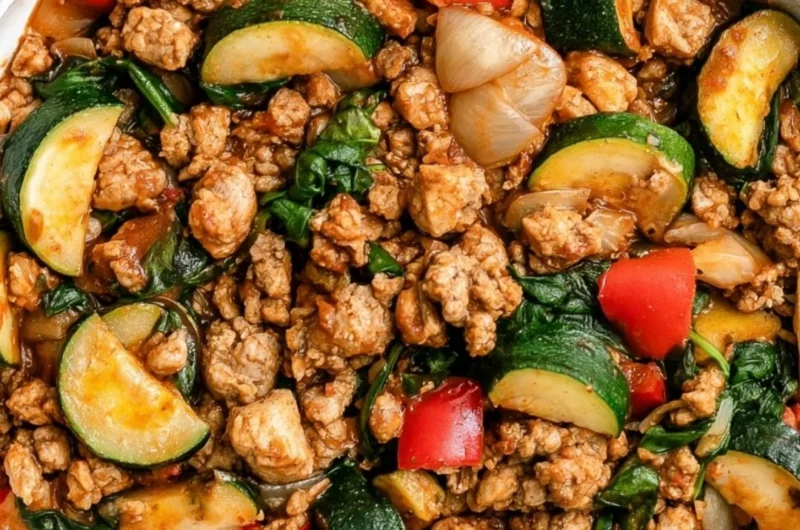 Whole30 Turkey Taco Skillet with ground turkey and zucchini in a skillet